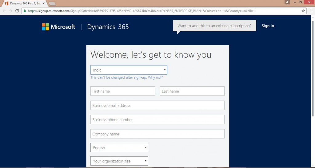 Sign up page Dynamics 365