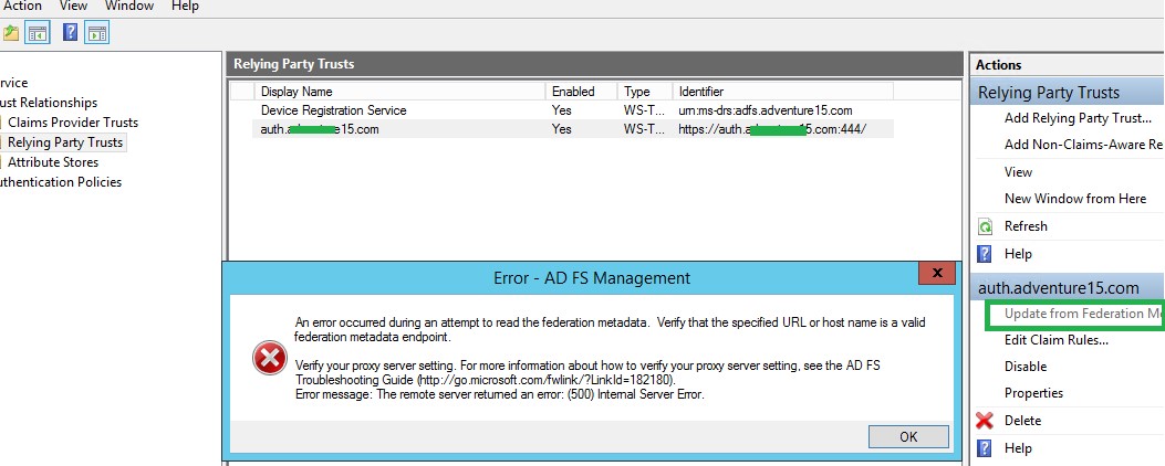 Unable to Update Relying Party in ADFS for Dynamics 365/CRM