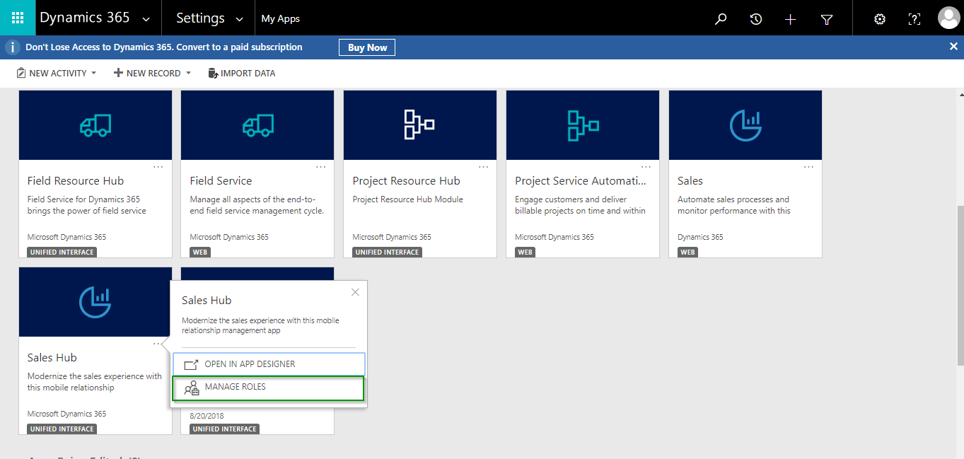 manage security roles for Apps in Dynamics 365