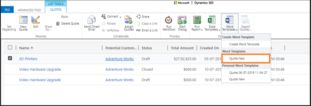 Dynamics 365 word template