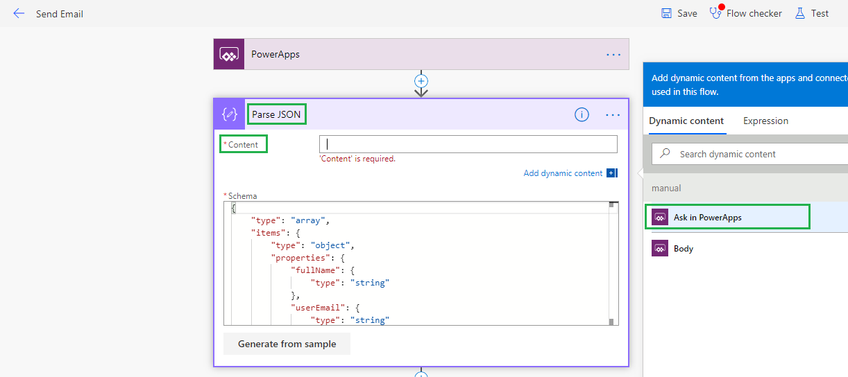 5. Now add an action as “Parse Json” and add content as “Ask in PowerApps” as shown in below screenshot: