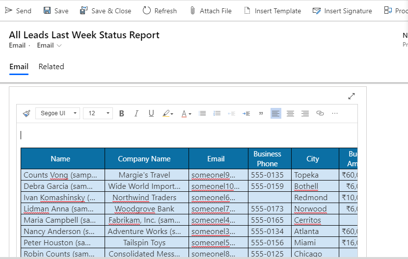 Click to Export and auto-send Dynamics 365 CRM Views in tabular form to target users with pre-defined Email Templates