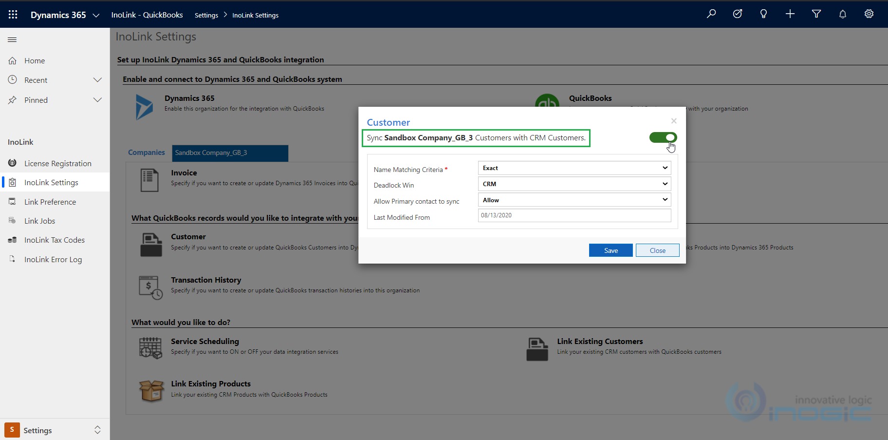 InoLink integration for Microsoft Dynamics 365 CRM and QuickBooks Online-ink
