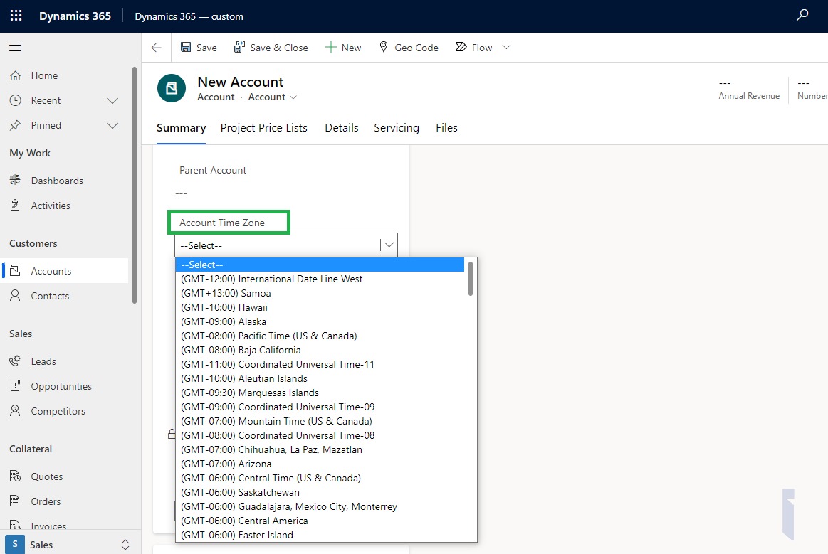Set Timezone format field based on Account Location in Microsoft Dynamics 365