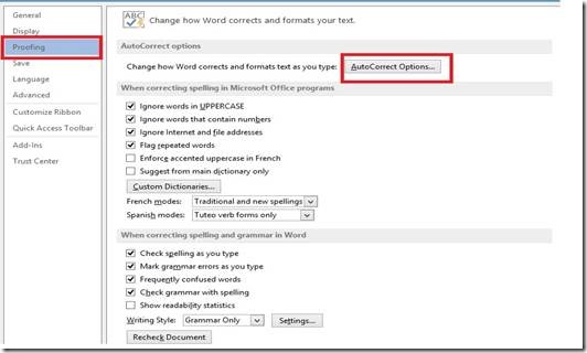 word template auto correct option