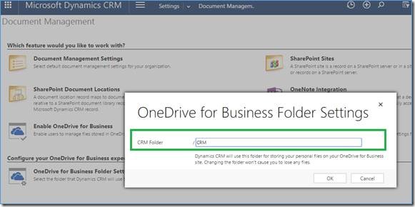 onedrive for business folder settings in crm