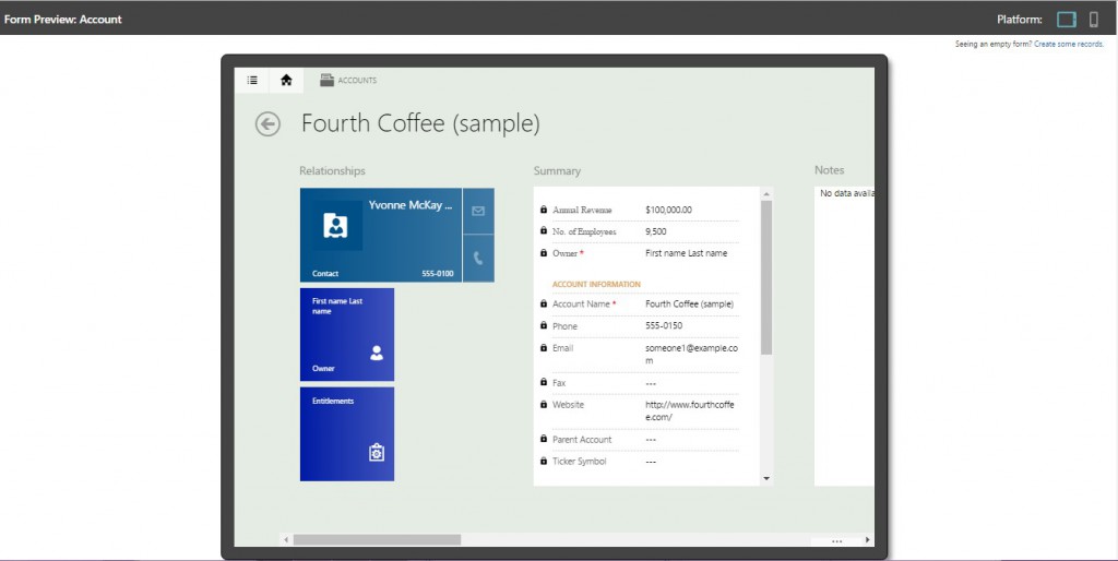 form preview Dynamics CRM 2016