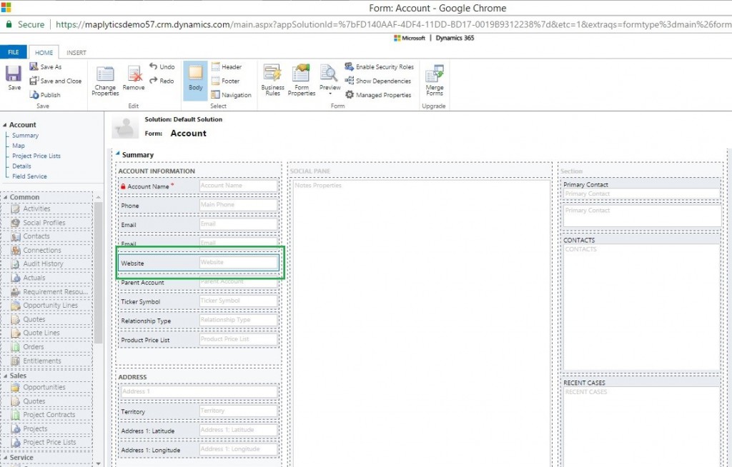 Select website field on account entity form