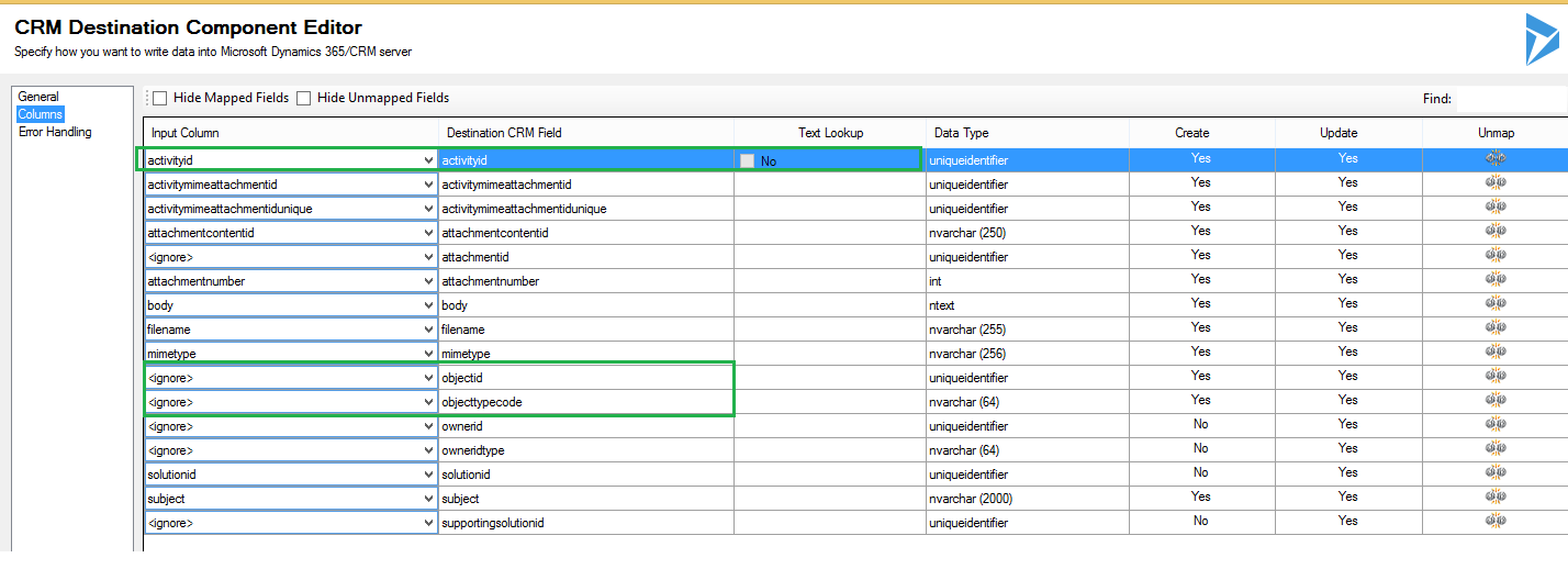 'The attachment cannot be saved. Either specify activityId or ObjectTypeCode & ObjectId' error while processing Email Attachment using SSIS