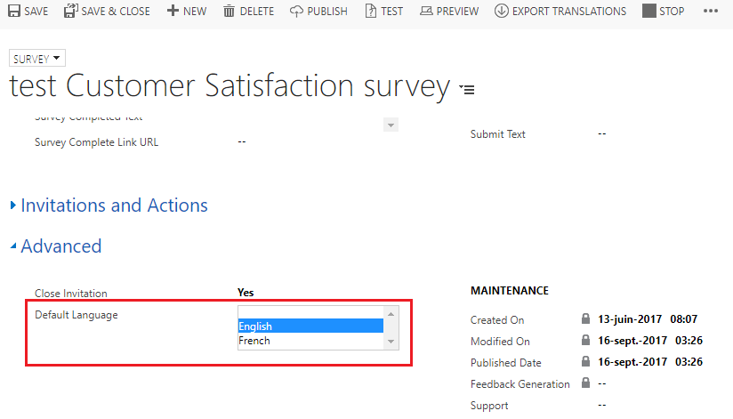 Change default language drop-down name using translations in VOC Survey