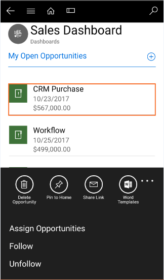 New Actions buttons on Dashboard Records in Dynamics 365 v9.0 Mobile & Tablet App