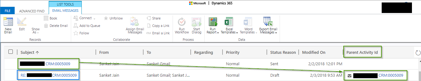 Track Parent Email using Parent Activity ID Field on Email Entity in Dynamics 365