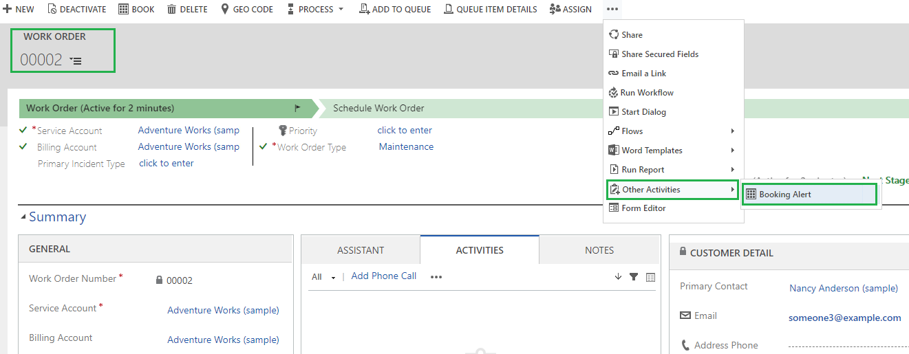 Booking Alert activity on Schedule Board in Dynamics 365