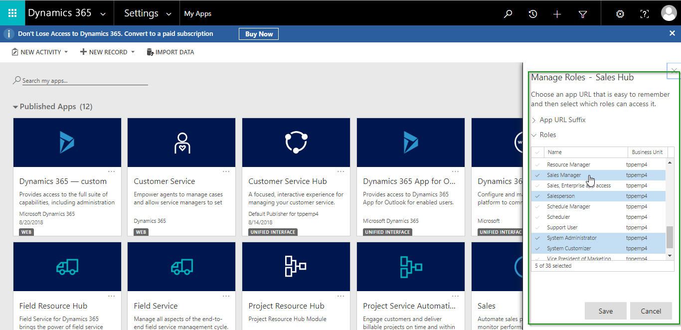 manage security roles for Apps in Dynamics 365