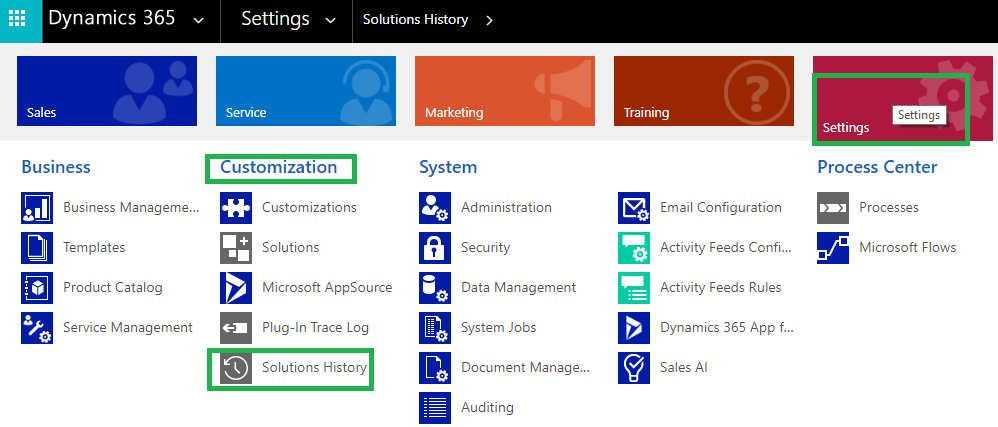 Solutions History Entity in Dynamics 365 CRM