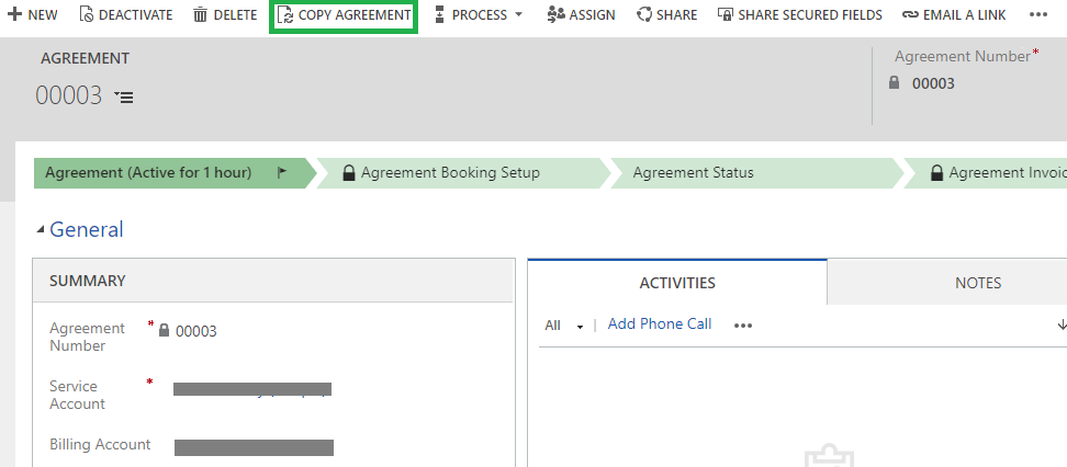 Copy Agreement ribbon button on Agreement entity in Dynamics 365 for Field Service