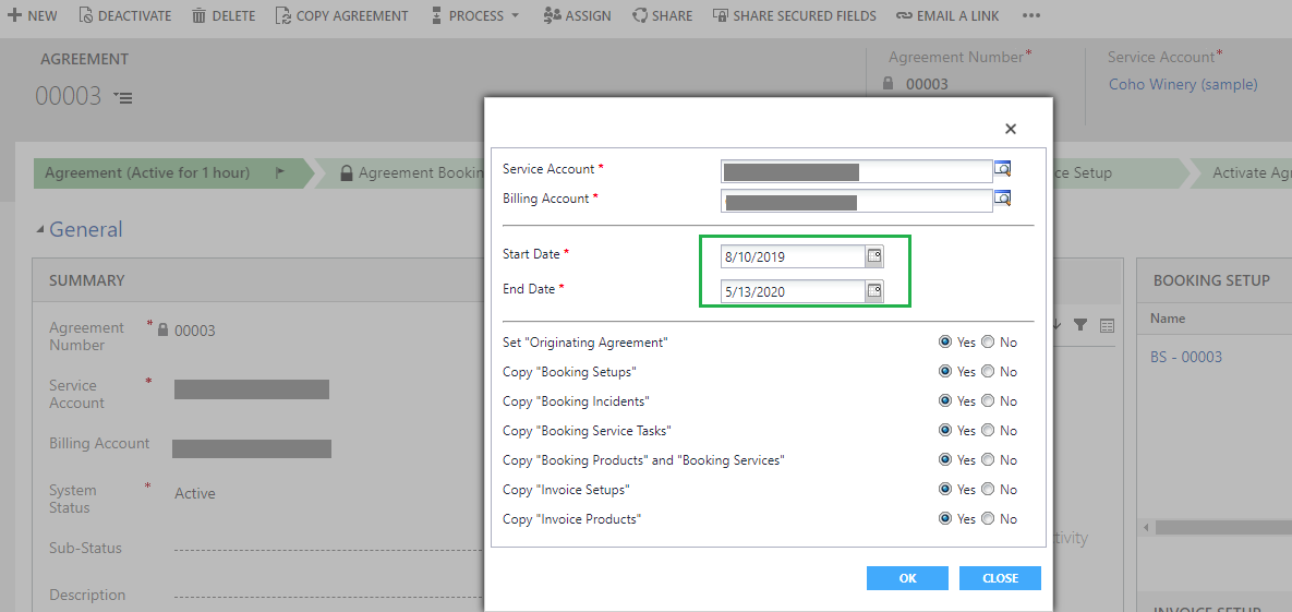 Copy Agreement ribbon button on Agreement entity in Dynamics 365 for Field Service