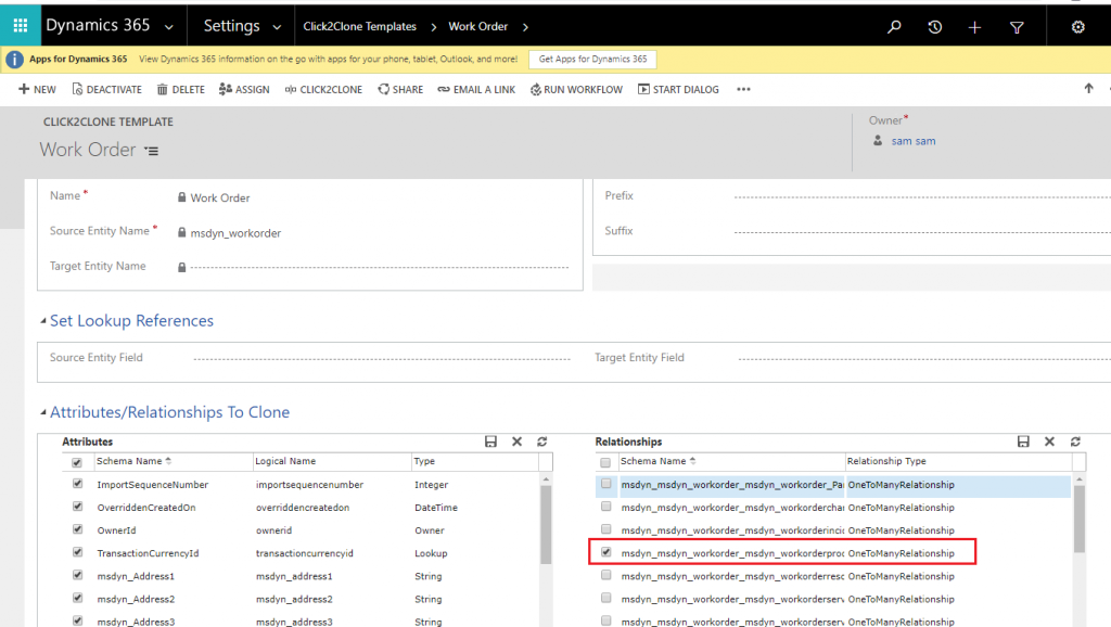 Clone Dynamics 365 Work Order along with related records using Click2Clone