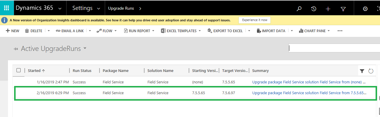 Upgrade Runs Entity in Dynamics CRM 365