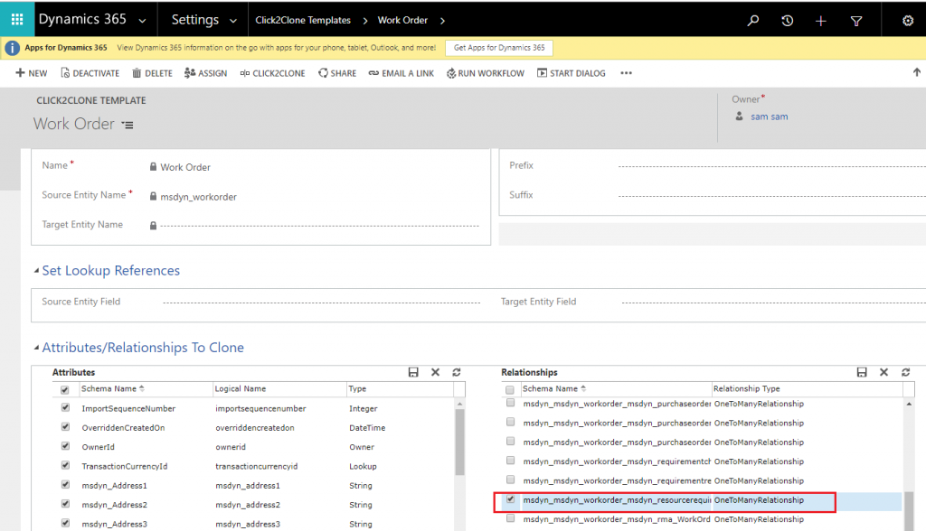 Clone Dynamics 365 Work Order along with related records using Click2Clone