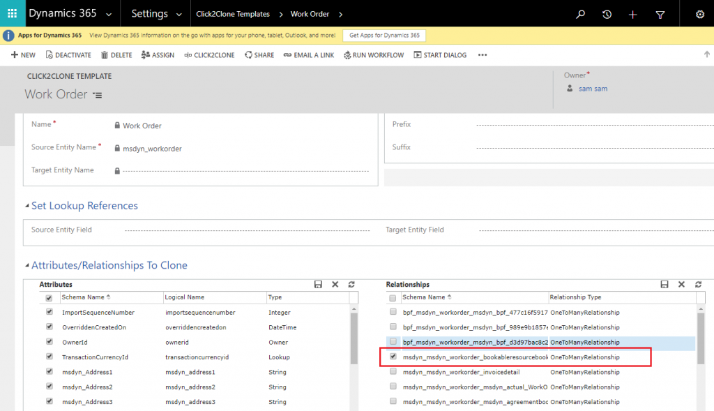 Clone Dynamics 365 Work Order along with related records using Click2Clone