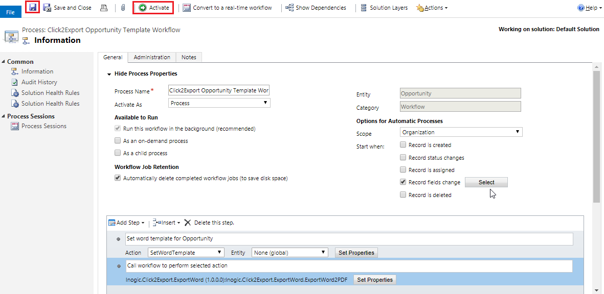 Use Click2Export Workflow to Export Dynamics CRM Word Templates