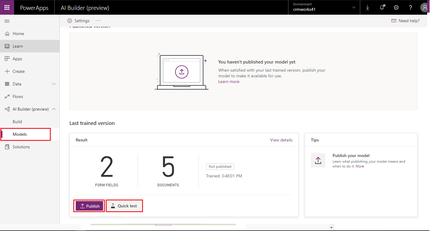 Form Processing AI Model Microsoft Flow Power Apps