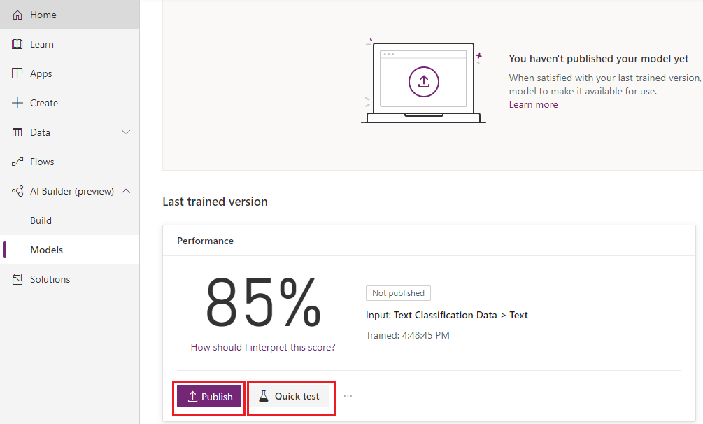 Text classification model Microsoft Flow