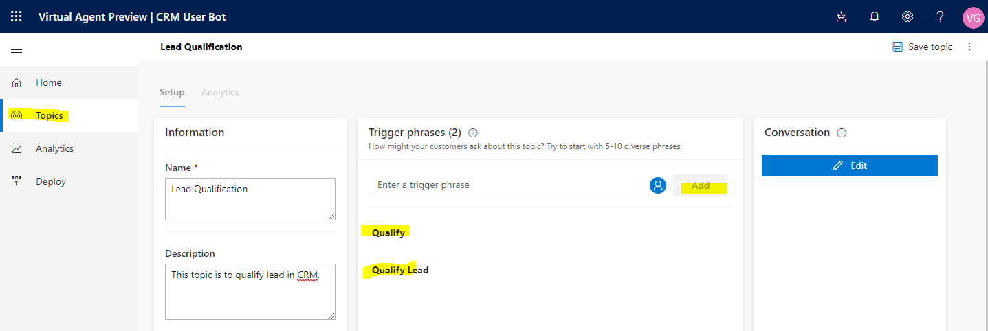 Use Dynamics 365 Virtual Agent Chabot for the CRM users