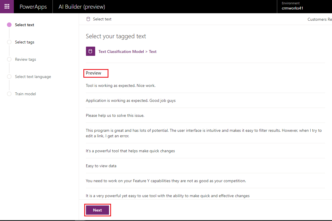 Text classification model Microsoft Flow