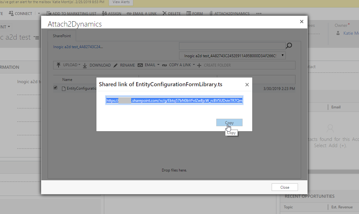 Unable to create anonymous link of uploaded file in SharePoint using Attach2Dynamics in Dynamics 365 CRM