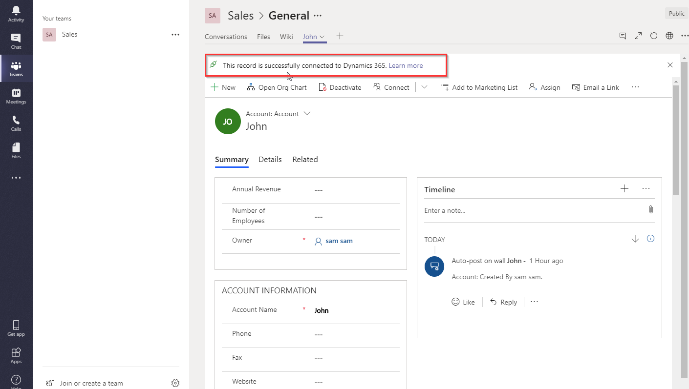 Integration between Dynamics 365 CRM and Microsoft Teams in Wave 2 Release