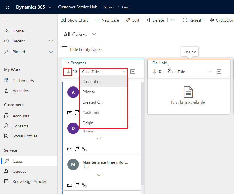 Records in the lanes can be sorted. It also supports filtering of the data in the view