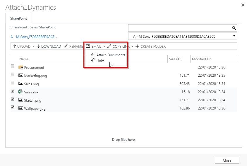 Direct email the files as attachments or links to documents from within CRM without multiple clicks to download and attach the files