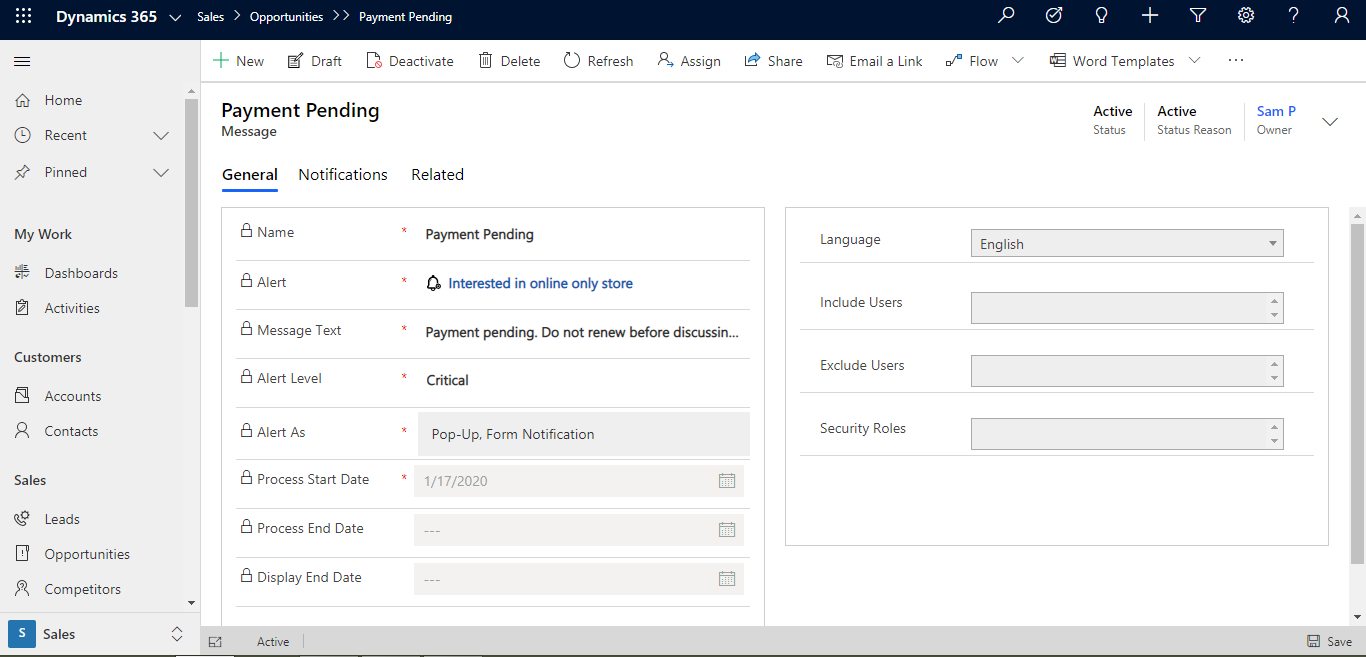 How to create Alerts or Reminders for Individual Records in Dynamics 365 CRM