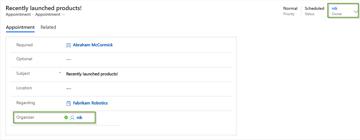 Why setting value for organizer field in appointment is important in Dynamics 365