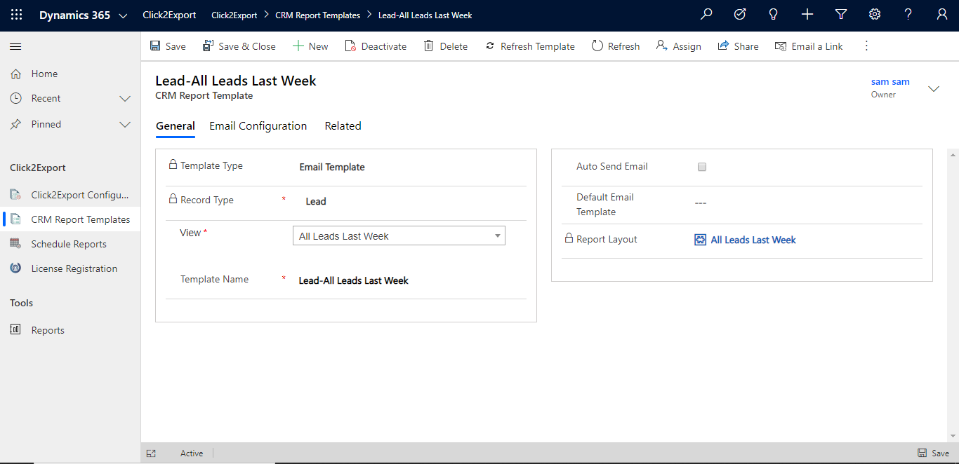 Click to Export and auto-send Dynamics 365 CRM Views in tabular form to target users with pre-defined Email Templates