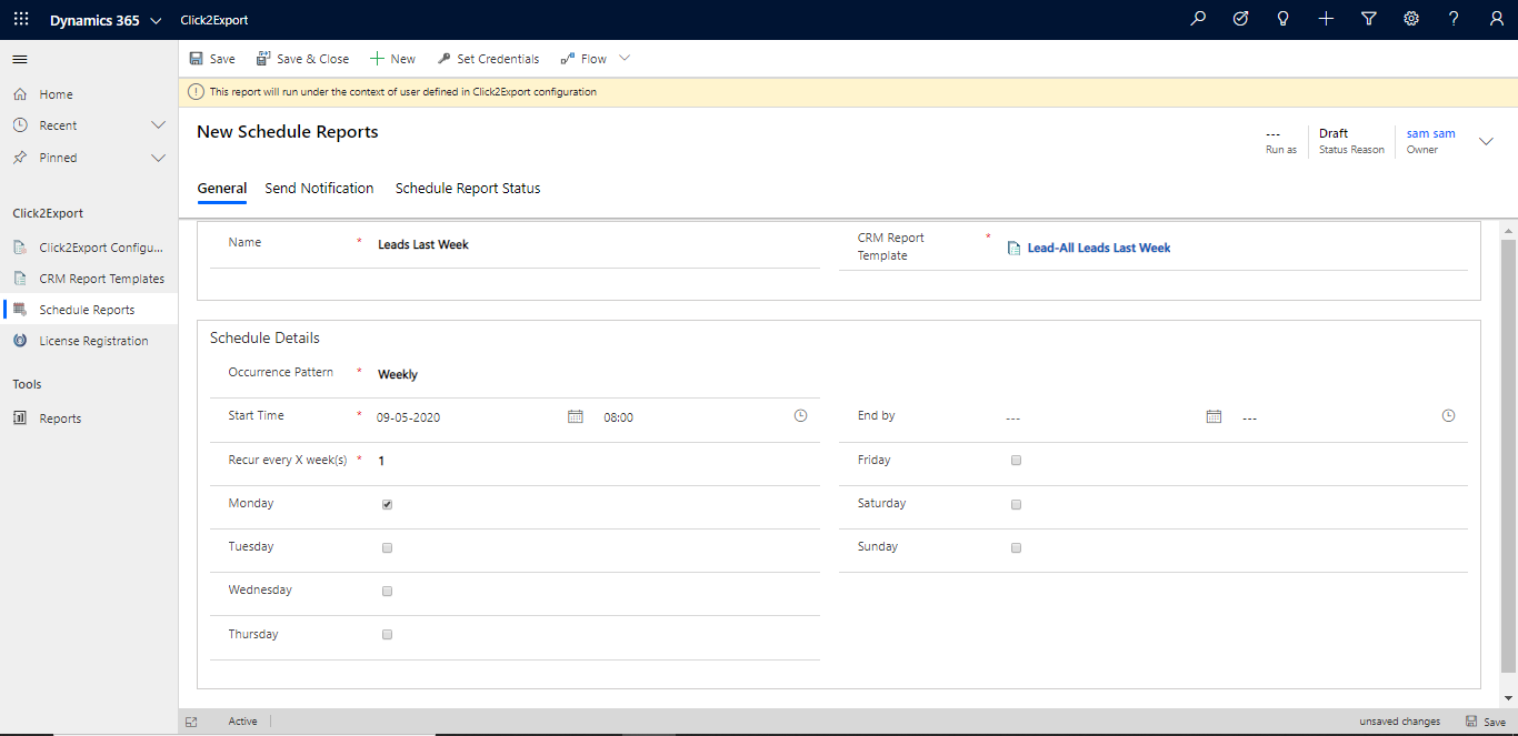 Click to Export and auto-send Dynamics 365 CRM Views in tabular form to target users with pre-defined Email Templates