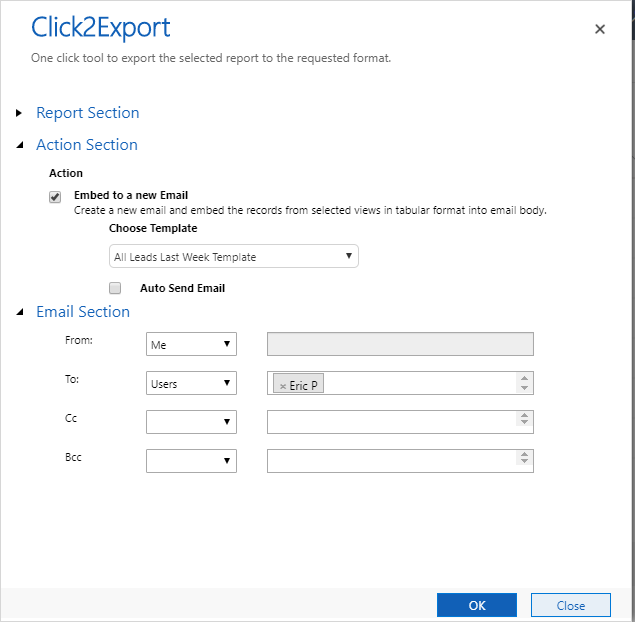 Click to Export and auto-send Dynamics 365 CRM Views in tabular form to target users with pre-defined Email Templates