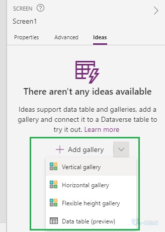 New Ideas panel in Power Apps Canvas App