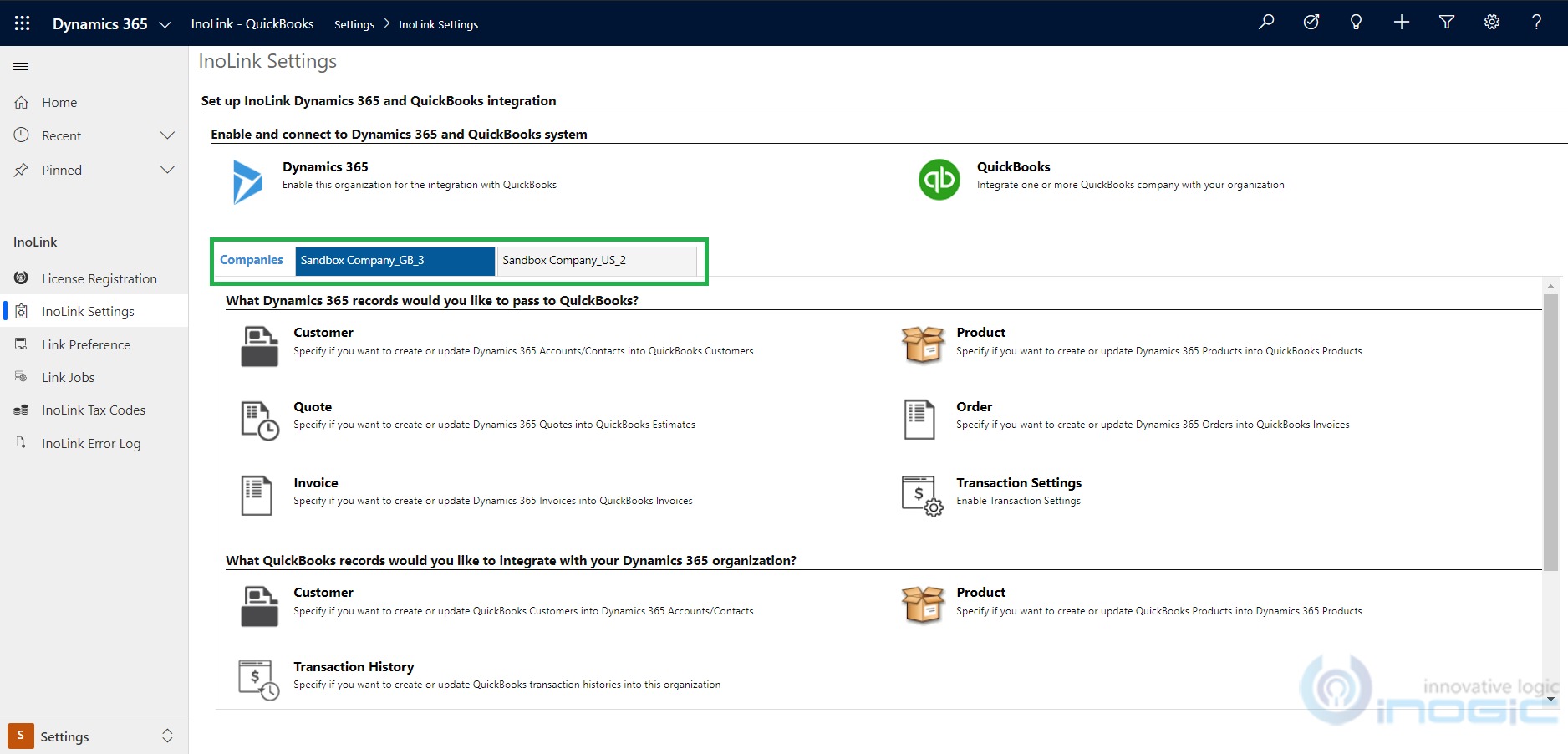 InoLink integration for Microsoft Dynamics 365 CRM and QuickBooks Online-ink