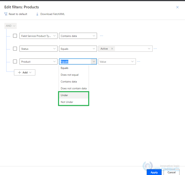 Advanced Edit filter criteria “Under” and “Not Under” for Field
