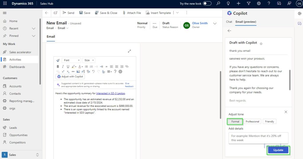 Co Pilot Send Button Compose or Reply to Emails using Copilot - Microsoft Dynamics 365 CRM ...