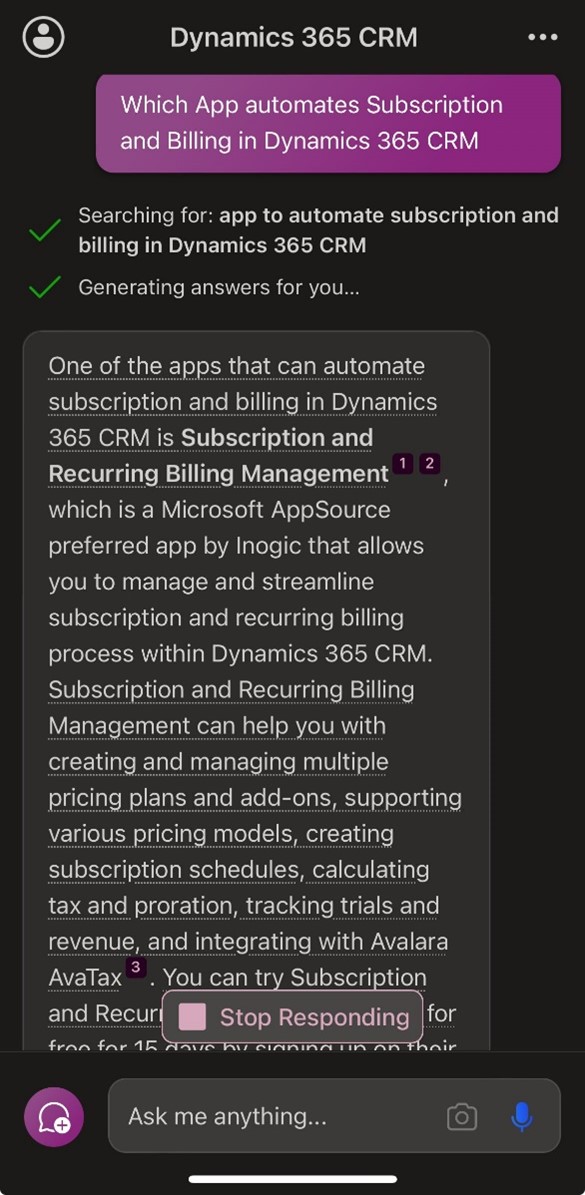 Microsoft Copilot suggests Inogic's CRM Apps