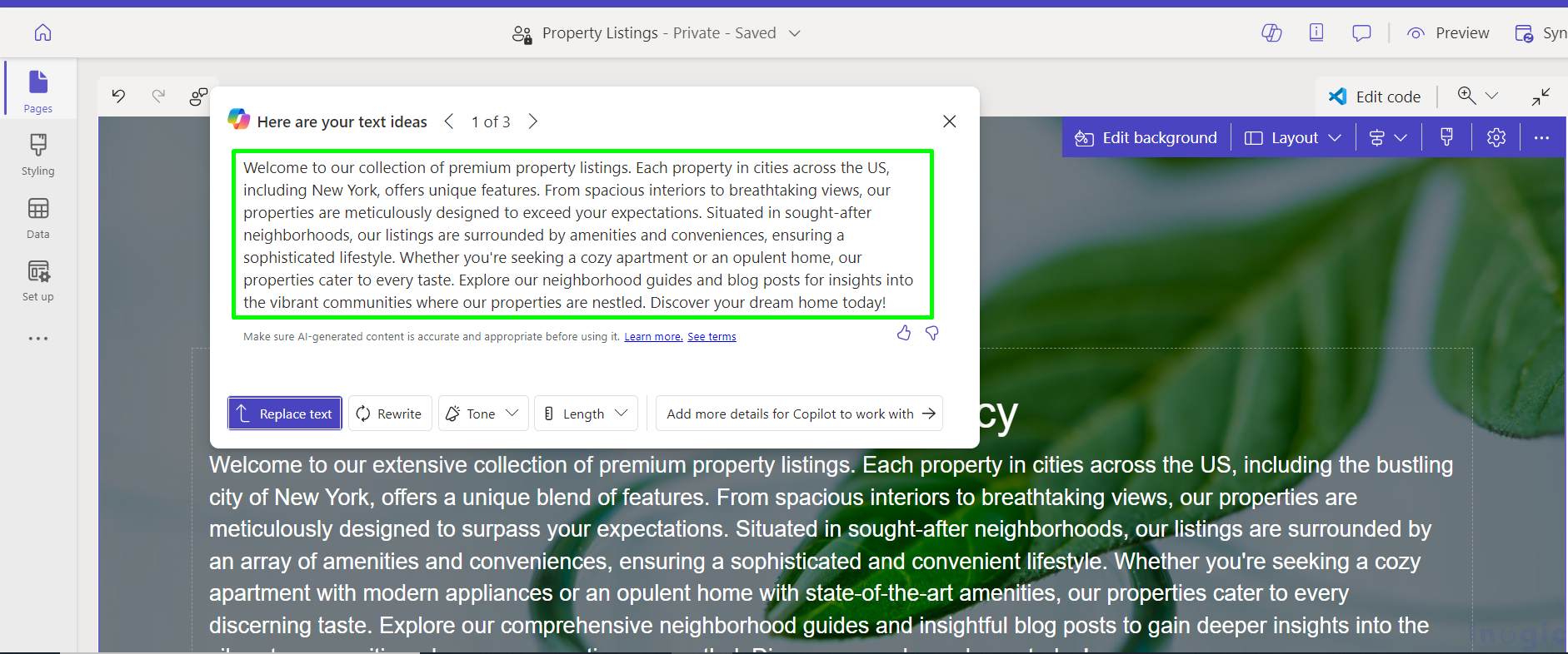 Copilot for AI-Generated Text in Power Pages