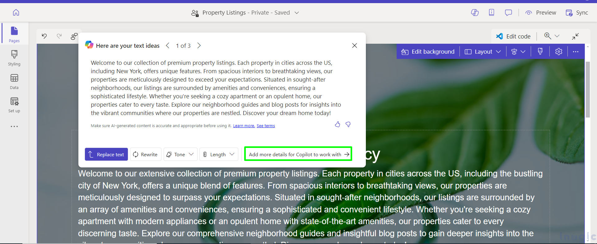 Copilot for AI-Generated Text in Power Pages