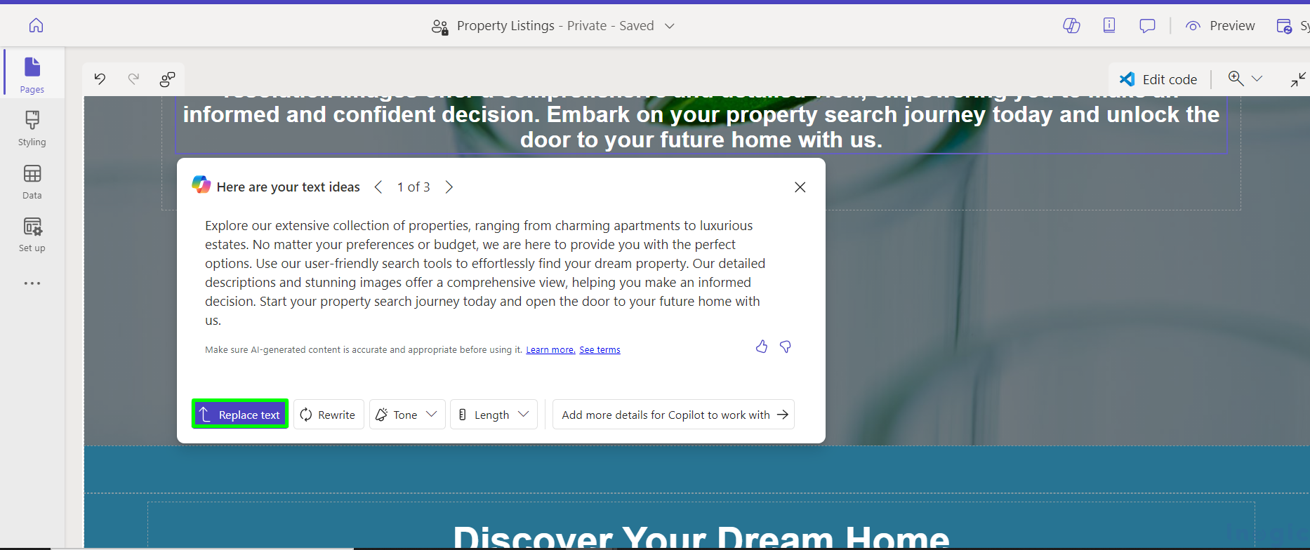 Copilot for AI-Generated Text in Power Pages