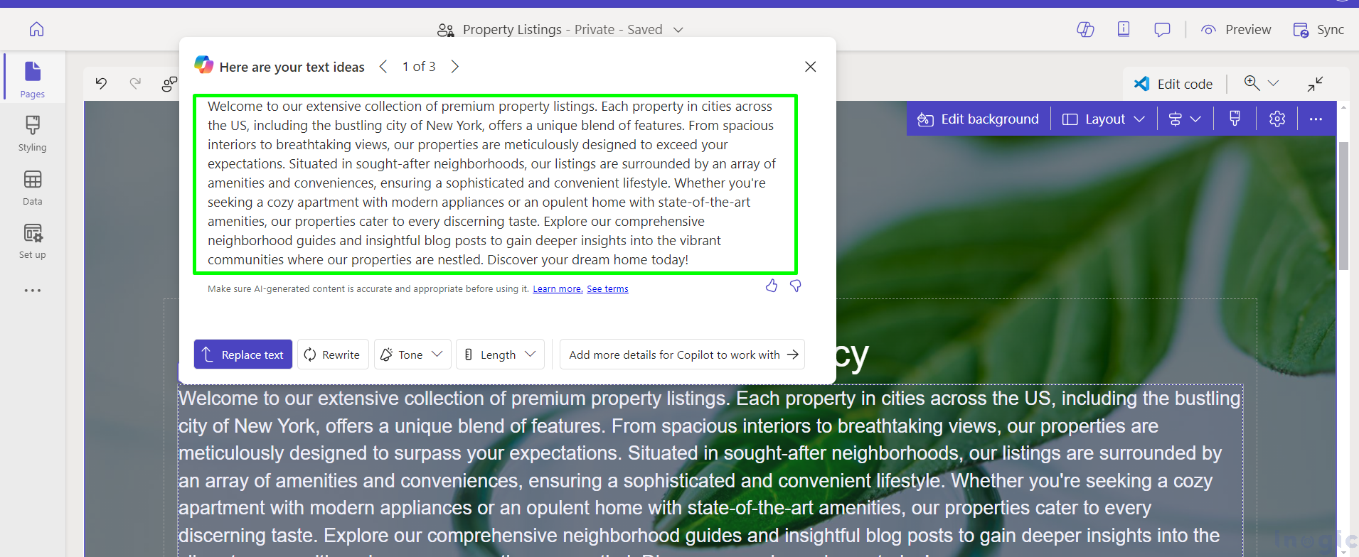 Copilot for AI-Generated Text in Power Pages
