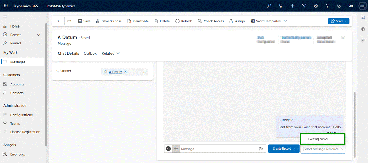 Text SMS in Dynamics 365