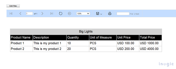 Below is the screenshot of the second SSRS report, which displays a list of quote products of only a particular brand.